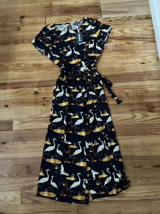 Modcloth Pants - Women’s Black Crane Print capri length jumpsuit with Tie Waist